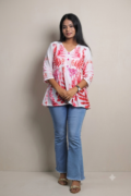Women's Pink Cotton Printed Short Kurti