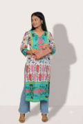 Green and white printed cotton long kurta for women by Retailvilla.