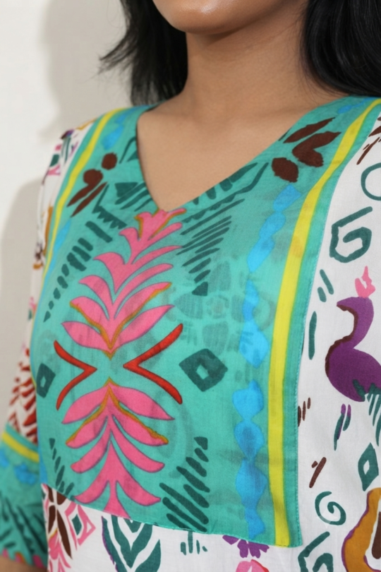 Green and white printed cotton long kurta for women by Retailvilla.