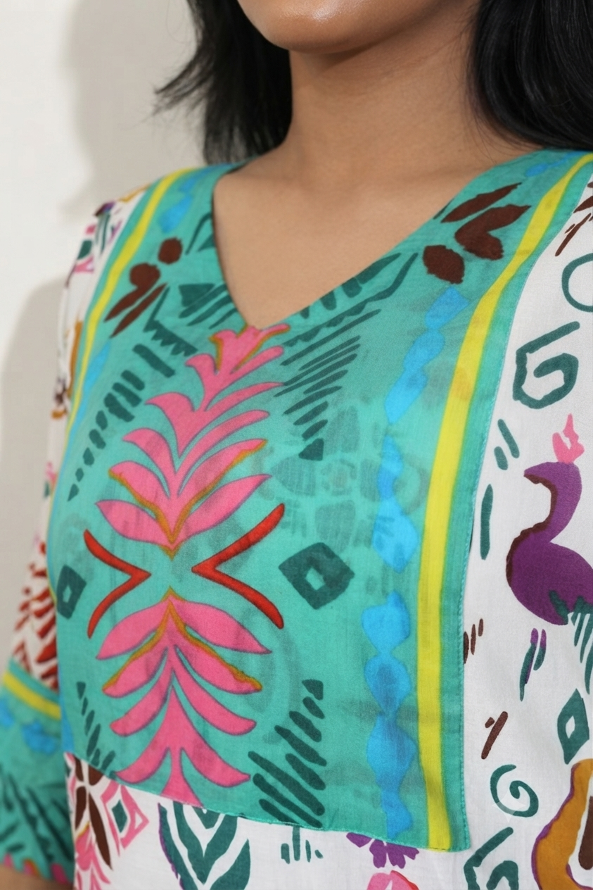 Green and white printed cotton long kurta for women by Retailvilla.