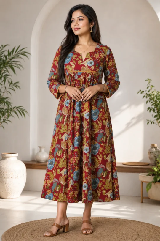maroon-floral-printed-cotton-long-kurti-ethnic-dress-front