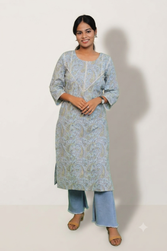 Stylish blue cotton long kurta for women by Retailvilla.