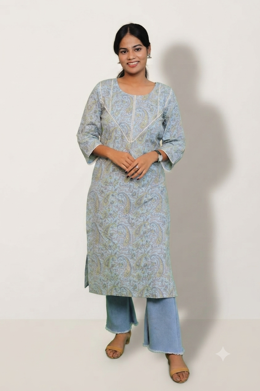 Stylish blue cotton long kurta for women by Retailvilla.
