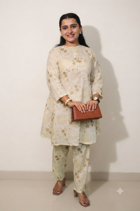 Shop the Retailvilla Cream Cotton Kurti Set.