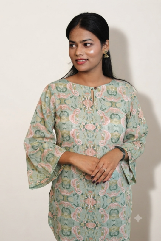 Women's casual green cotton kurti in a comfortable, breathable fabric.