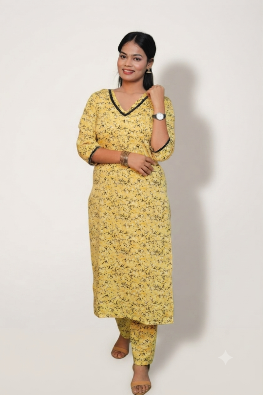 Woman wearing a stylish multicolor floral printed crepe kurti set