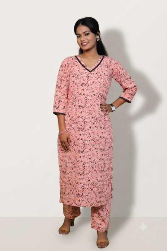 Woman wearing a stylish multicolor floral printed crepe kurti set