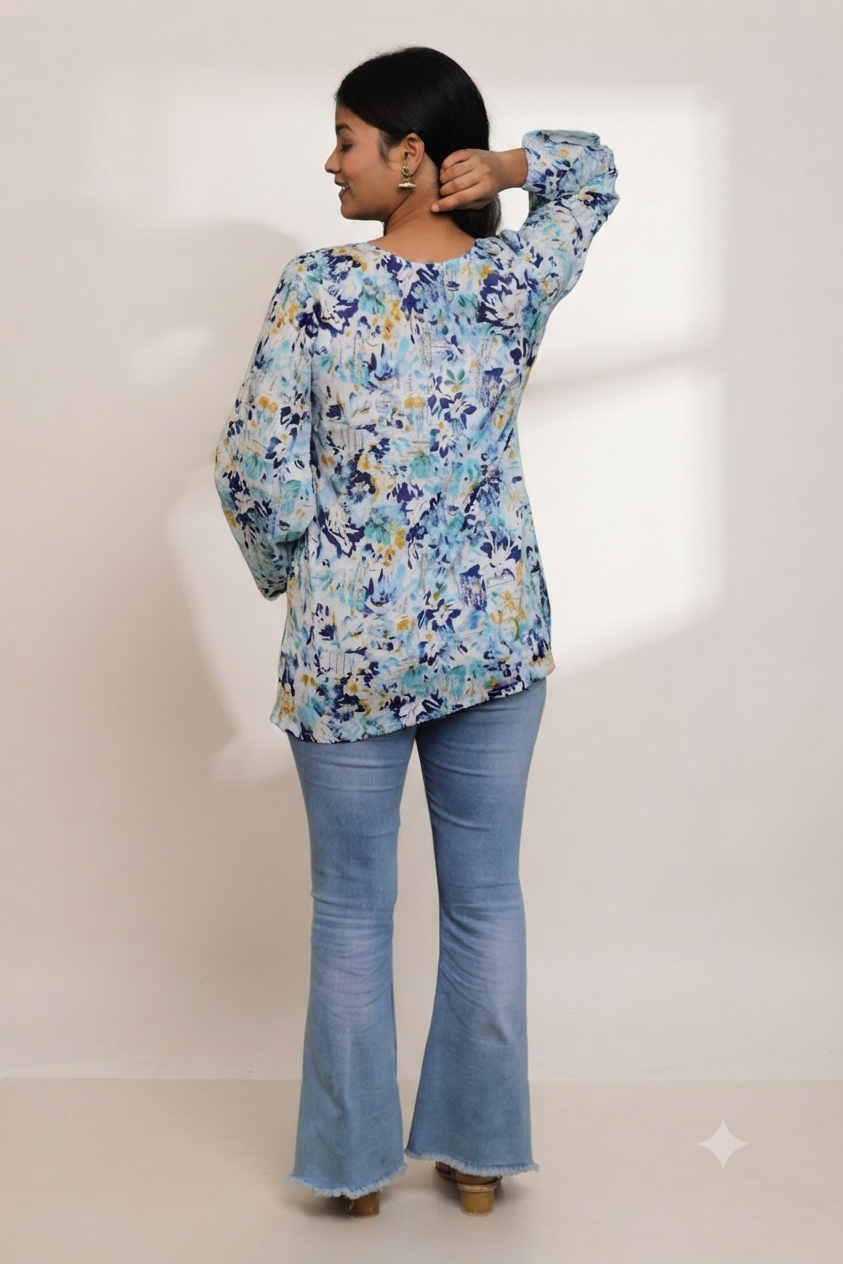 Women’s Sky Blue Floral Printed Cotton Short Kurti – Casual Summer Tunic - Image 3