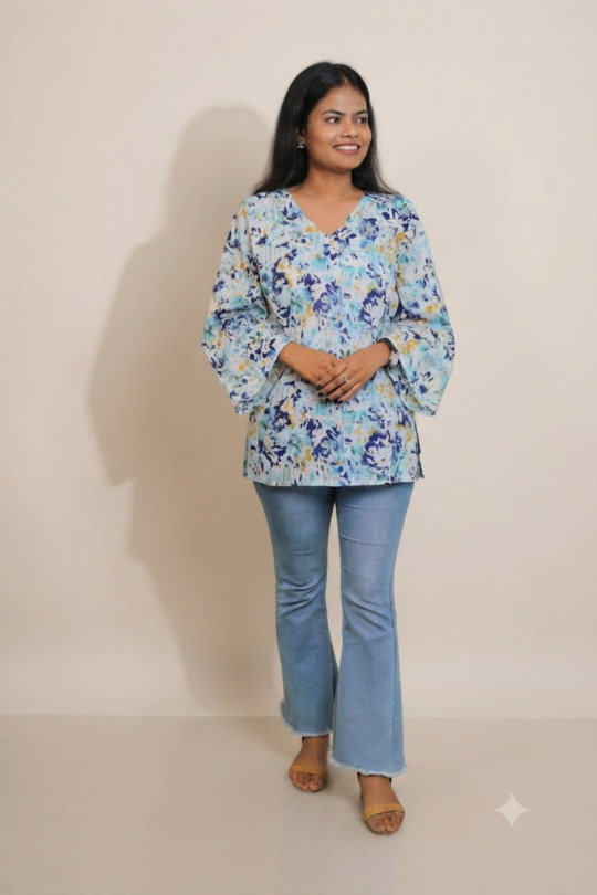 Women’s Sky Blue Floral Printed Cotton Short Kurti
