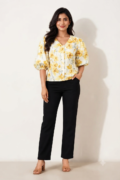 Yellow Floral Printed Puff Sleeve Top